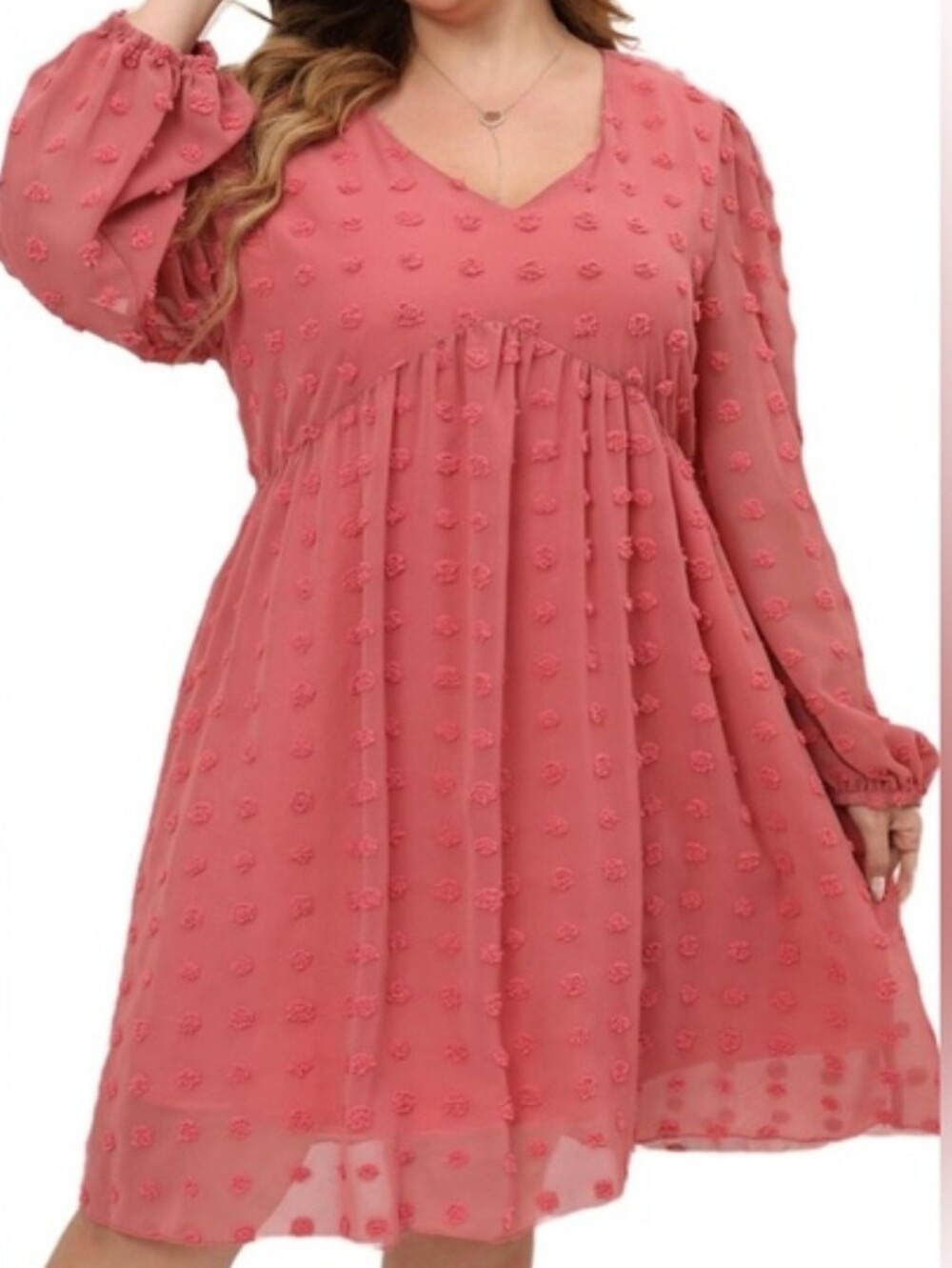 Swiss Dot Swing Dress Longsleeve Mauve Pink Lined V-neck 3X Women's Plus Fall